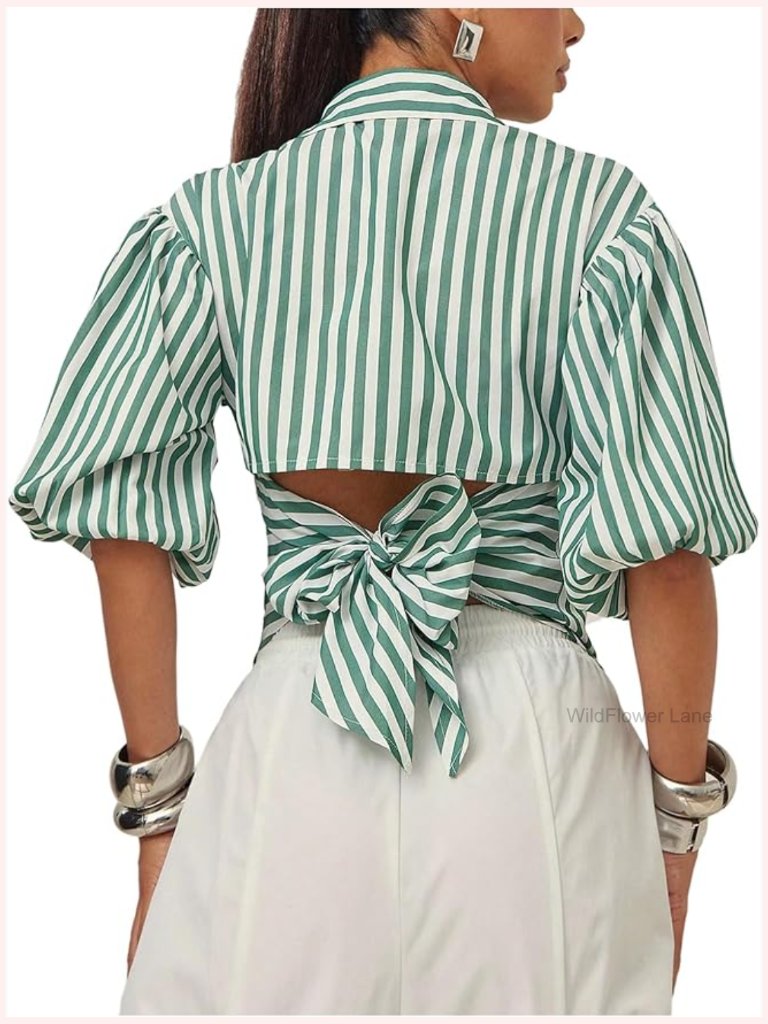 Striped Button Down Shirt Bow Tie Back Rolled Sleeve Blouse